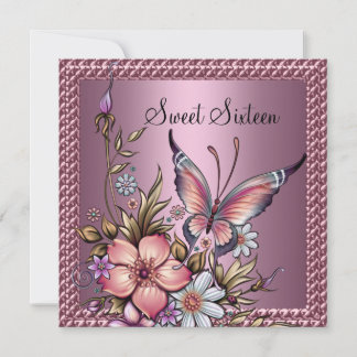 Verjaardag Sweet 16 Elegante Bloem Vlinder Roze Kaart