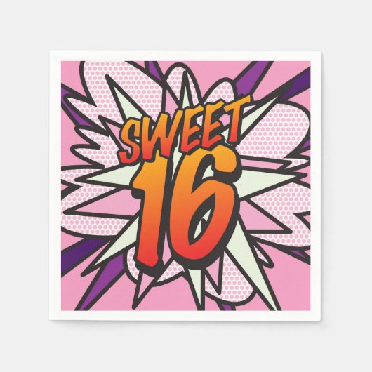 VERJAARDAG SWEET 16 Fun Retro Stripboek Roze Servetten (Voorkant)