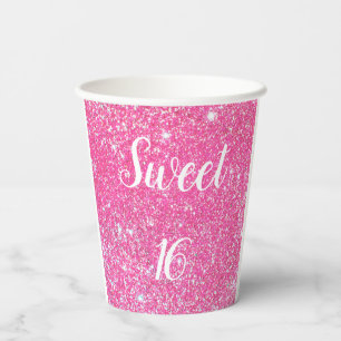 VERJAARDAG SWEET 16 Glans Roze Glitter Papieren Bekers