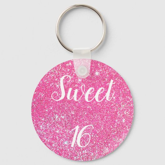 VERJAARDAG SWEET 16 Glans Roze Glitter Sleutelhanger (Voorkant)