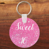 VERJAARDAG SWEET 16 Glans Roze Glitter Sleutelhanger (Voorkant)