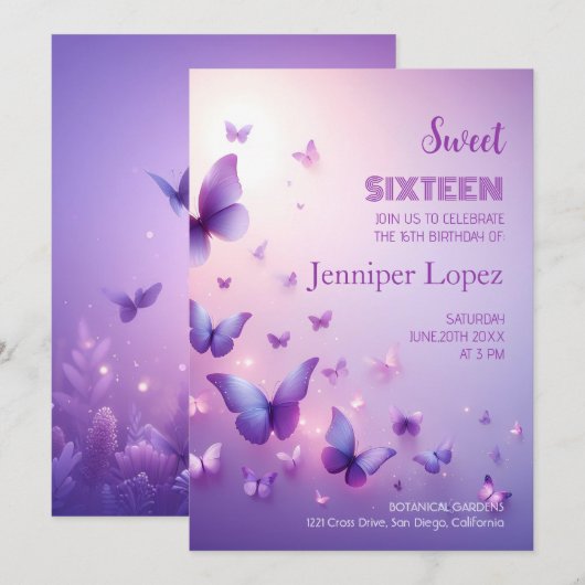 Verjaardag Sweet 16 Invitation - Paarse Vlinder Kaart (Voorkant / Achterkant)