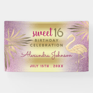 Verjaardag Sweet 16 Roze en Goud Flamingo Spandoek