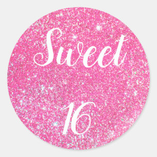 VERJAARDAG SWEET 16 Sparkle Roze Glitters Ronde Sticker