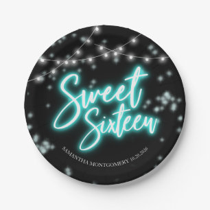 Verjaardag Sweet 16 Teal Neon Glow Donker Feest Papieren Bordje