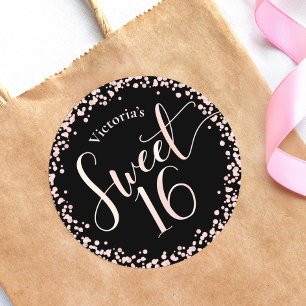 Verjaardag Sweet 16 Zwart Roze Gouden Glitter Stip Ronde Sticker