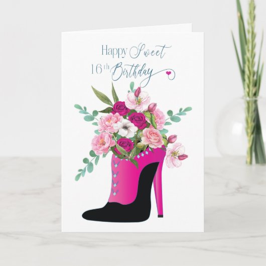 Verjaardag Sweet 16th Flowers in High Heel Shoe Ca Kaart (Voorkant)