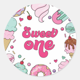 Verjaardag Sweet One met Ijs, Strooigoed en Cake Ronde Sticker