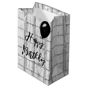 Verjaardag symmetrisch witgekalkt hout patroon medium cadeauzakje