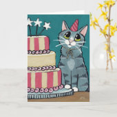 Verjaardag Tabby Cat and Cake schilderij Wenskaart Kaart (Gele Bloem)