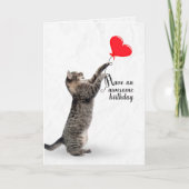 Verjaardag tabby kat met hartballon kaart (Voorkant)
