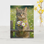 Verjaardag Tabby Kat Met Wildflower Boeket Kaart (Gele Bloem)