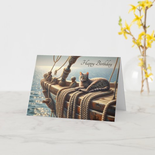 Verjaardag Tabby Kat Op Nautische Touwen Kaart (Gele Bloem)