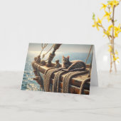 Verjaardag Tabby Kat Op Schip Touwen Kaart (Gele Bloem)