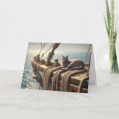 Verjaardag Tabby Kat Op Schip Touwen Kaart (Voorkant)