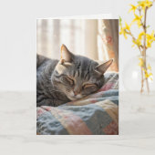 Verjaardag Tabby Kat Slapen Op Oude Quilt Kaart (Gele Bloem)
