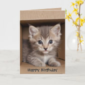 Verjaardag Tabby kitten in kartonnen doos Kaart (Gele Bloem)