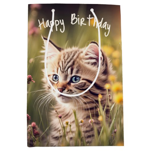 Verjaardag Tabby Kitten In Wildbloemen Medium Cadeauzakje (Voorkant)