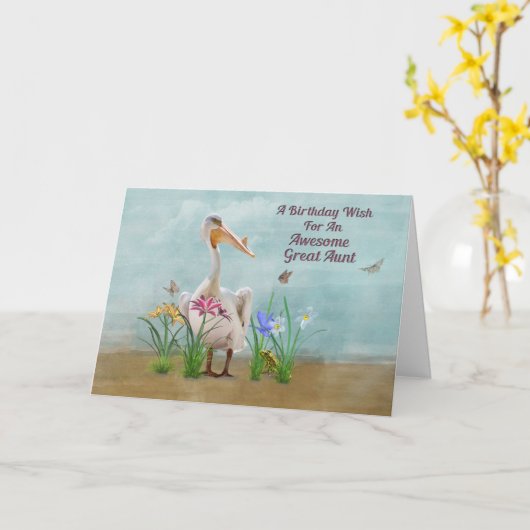 Verjaardag, Tante, Pelikaan, Bloemen Kaart (Gele Bloem)