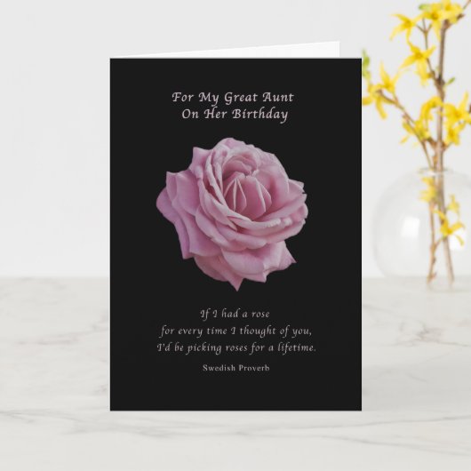 Verjaardag, tante, roze roos op zwart kaart (Gele Bloem)