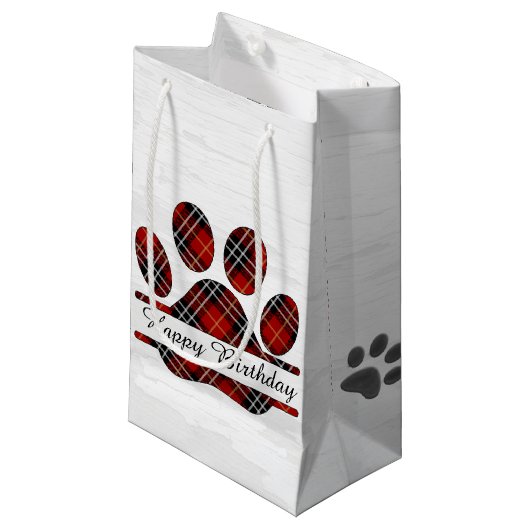 Verjaardag Tartan Plaid Paw Print Klein Cadeauzakje (Voorkant Gekanteld)