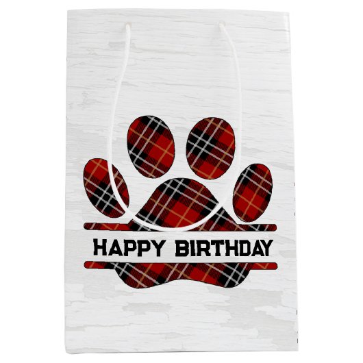 Verjaardag Tartan Plaid Paw Print Medium Cadeauzakje (Voorkant)