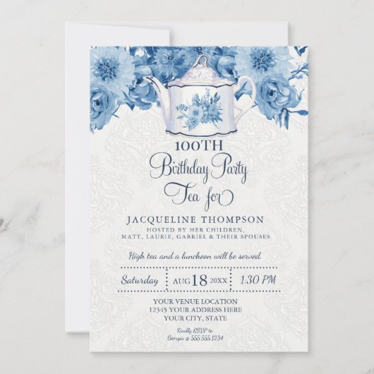 Verjaardag Tea Party Navy Blauw Wit Bloemen Kaart (Voorkant)