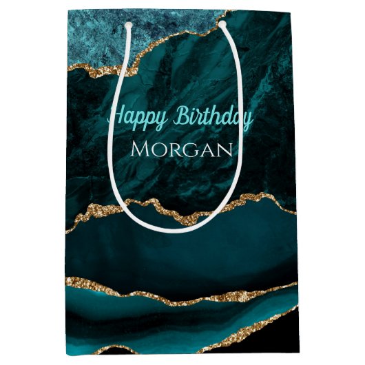 Verjaardag, Teal, Goud & Zwarte Agate, Witte naam Medium Cadeauzakje (Voorkant)