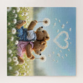 Verjaardag Teddy Bears Met Paardenbloem Hart Legpuzzel (Horizontaal)