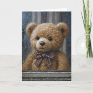 Verjaardag Teddybeer in regenachtig raam Kaart