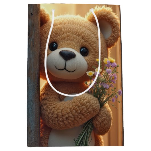 Verjaardag Teddybeer met een wildflower boeket Medium Cadeauzakje (Voorkant)
