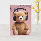 Verjaardag Teddybeer met hoofdtelefoon Kaart (Gele Bloem)