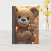 Verjaardag Teddybeer met Wildflower Boeket Kaart (Gele Bloem)