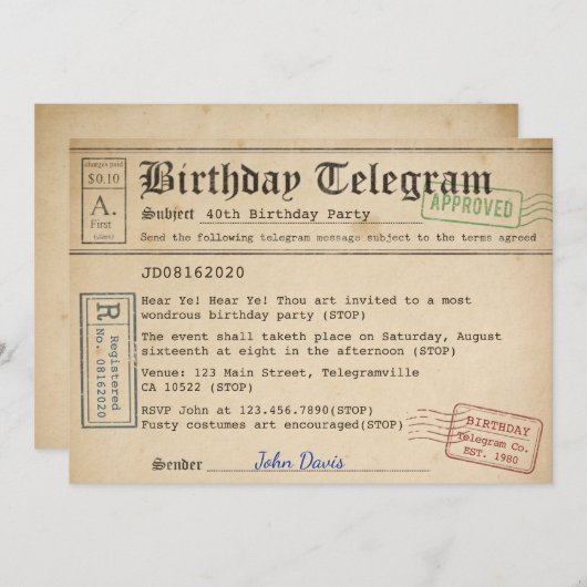 Verjaardag Telegram uitnodiging (Voorkant / Achterkant)