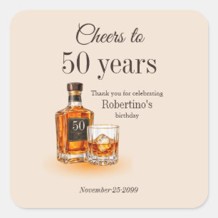 Verjaardag Thema Whiskey 'Cheers to 50 Years' voor Vierkante Sticker