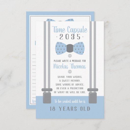 Verjaardag Tijd Capsule Kaart, Lichtblauw, Grijs Informatiekaartje (Voorkant / Achterkant)