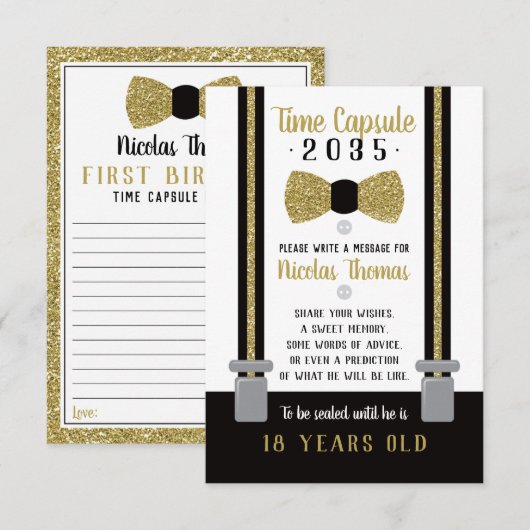 Verjaardag tijd Capsule Kaart, zwart, Faux Gold Informatiekaartje (Voorkant / Achterkant)
