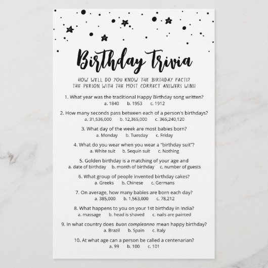 Verjaardag Trivia Spel met Antwoorden Verjaardagsf (Voorkant)