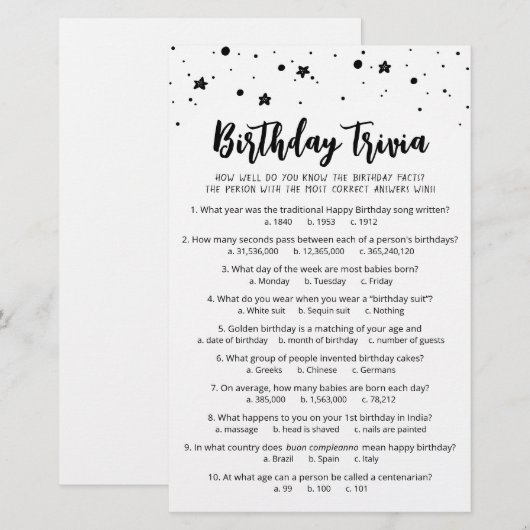 Verjaardag Trivia Spel met Antwoorden Verjaardagsf (Voorkant / Achterkant)