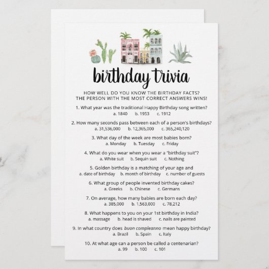 Verjaardag Trivia Spel met Antwoorden Verjaardagsf (Voorkant / Achterkant)