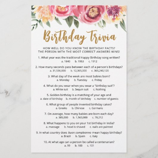 Verjaardag Trivia Spel met Antwoorden Verjaardagsf (Voorkant)