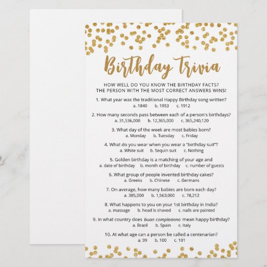 Verjaardag Trivia Spel met Antwoorden Verjaardagsf (Voorkant / Achterkant)