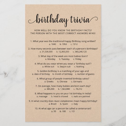 Verjaardag Trivia Spel met Antwoorden Verjaardagsf (Voorkant)
