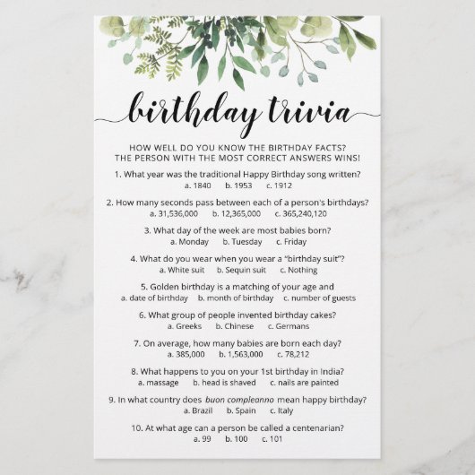 Verjaardag Trivia Spel met Antwoorden Verjaardagsf (Voorkant)