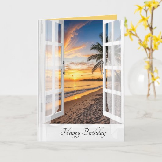 Verjaardag tropisch strand zonsopgang in het raam kaart (Gele Bloem)