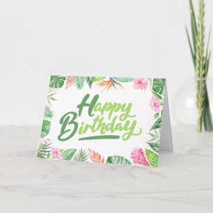 Verjaardag Tropische Bladeren & Hibiscus Bloemen Kaart