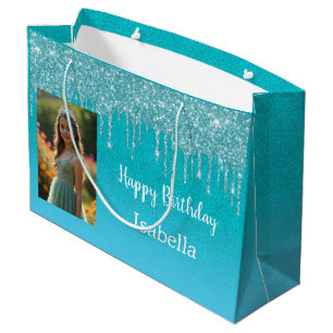 Verjaardag turquoise blauwe glitterslijmer foto groot cadeauzakje