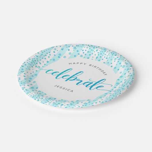 Verjaardag turquoise glitter moderne scriptnaam ch papieren bordje (Gekanteld)