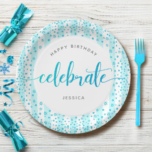 Verjaardag turquoise glitter moderne scriptnaam ch papieren bordje