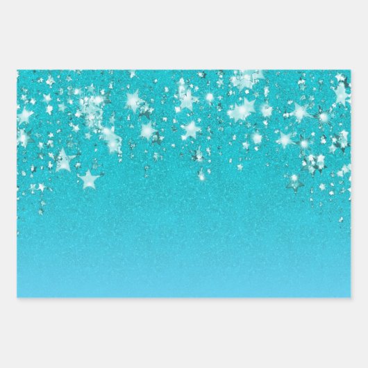 Verjaardag turquoise glitters blauw zeegroen glins inpakpapier vel (Voorkant)